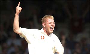 Hoggard celebrates an early wicket for England