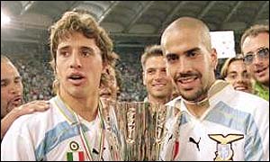 Crespo and Veron celebrate winning the Italian Super Cup