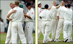 Dravid's lengthy innings comes to a close as Michael Hoggard has him caught in the gully by Michael Vaughan