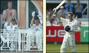 England players applaud Michael Vaughan after he reached three figures at Lord's