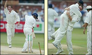 England's debutant fast bowler Simon Jones takes the wicket of Virender Sehwag