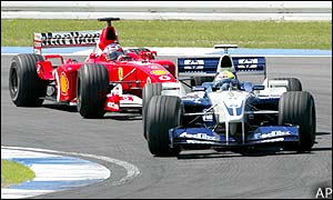 Williams' Ralf Schumacher leads Rubens Barrichello as the pair head for third and fourth places respectively