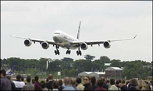 A340-600 Air bus flying over the crowds