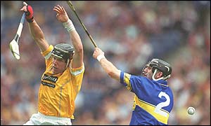 Action from the All Ireland hurling championship quarter-final between Antrim and Tipperary