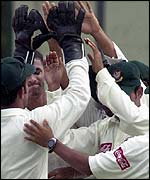 Bangladesh celebrate the wicket of Sujeewa de Silva