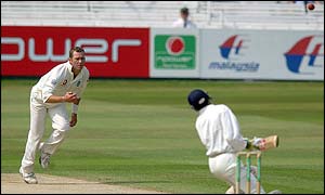 VVS Laxman avoids a bouncer from England bowler Craig White