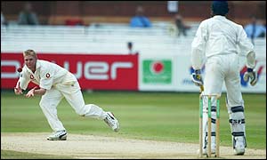 Anil Kumble's leading edge is collected by Matthew Hoggard and India lose their eighth wicket