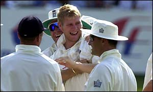 Hoggard is congratulated by his team-mates