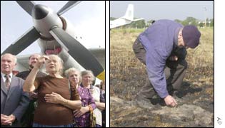 People pray at the site of the crash (l); a survivor examines the charred ground (r)