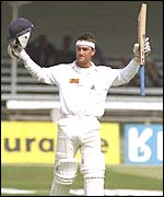 Graham Thorpe celebrates his maiden Test century on debut