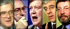 Home secretaries Kenneth Baker, Michael Howard, Kenneth Clarke, Jack Straw and David Blunkett