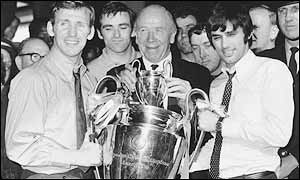 Man Utd legends Paddy Crerand, Matt Busby and George Best after Manchester United beat Benfica 4-1