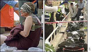 An injured woman waits for assistance. Meanwhile, an Israeli rescue worker gestures over a line of bodies.