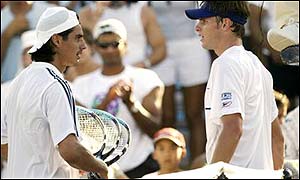 Roddick (right) claimed the match 6-4 3-6 7-6 (7-5) 