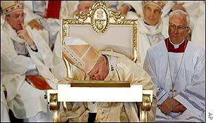 Pope John Paul II pauses during Mass at the Basilica of Guadalupe in Mexico City 