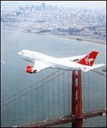 Virgin Atlantic jet over San Francisco