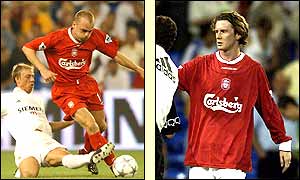 Danny Murphy tries to get past a Real Madrid defender and Steve Mcmanaman salutes the crowd