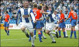 Kilmarnock substitute Andy McLaren celebrates scoring the equaliser against Rangers
