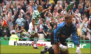 Larsson celebrates after giving Celtic the lead