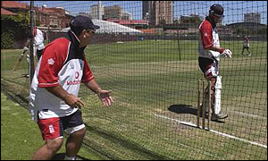 Rod Marsh teaches Robert Key in the nets