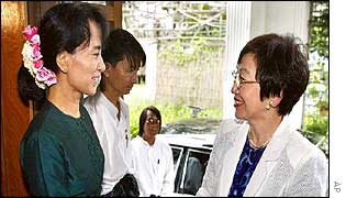 Aung San Suu Kyi (l) meets Yoriko Kawaguchi