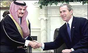 Saudi Foreign Minister Prince Saud al-Faisal [l] with US President George W Bush