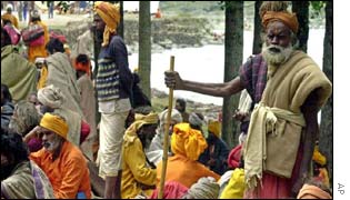 Indian sadhus or Hindu holy men rest in Nunwan
