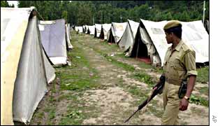 An Indian soldier patrols the pilgrim camp at Nunwan after the attack