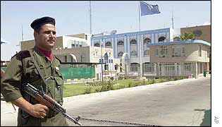 Iraqi soldier outside UN base in Iraq