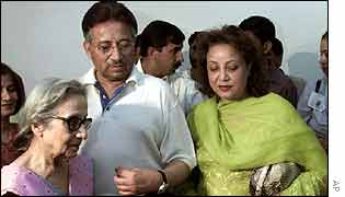 General Musharraf with wife (right) and her mother at polling station on referendum day