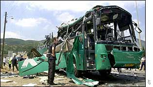 Remains of a bus bombed on 4 August in northern Israel