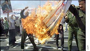 Iraqis torch an American flag at a demonstration in Baghdad 05 August 2002