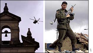 An army helicopter circles a Bogota church [l] as a soldier stands guard