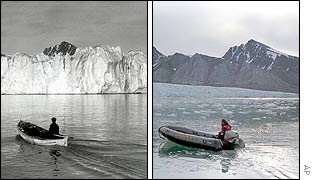 The Norwegian island of Svalbard, in a Norwegian Polar Institute photo taken in 1918 (l); Greenpeace photo of same island in 2002 (r)