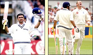 Virender Sehwag hits a century but is caught and bowled by Craig White shortly before bad light stops play