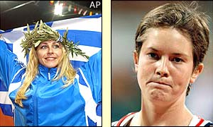 Greece's Mirela Manjani celebrates her win but Kelly Morgan (right) misses out