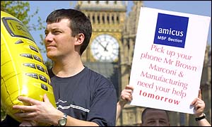 Two Marconi workers from Liverpool protesting in London over job cuts