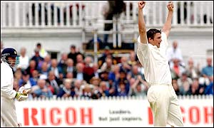 Ajit Agarkar holes out to Mark Butcher to give Steve Harmison a Test wicket on his debut