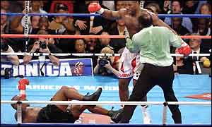 Mike Tyson on the canvas during his fight with Lennox Lewis
