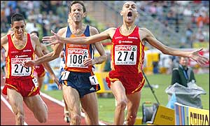 Spain's Antonio Jiminez wins the 3000m steeplechase after sneaking up the inside to just pip Dutchman Simon Vroemen across the line