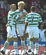 Johan Mjallby celebrates opening the scoring