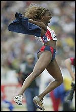 Ashia Hansen celebrates winning gold at the European Championships