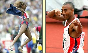 Ashia Hansen and Colin Jackson celebrate their gold medals; for Jackson it is his fourth consecutive European title