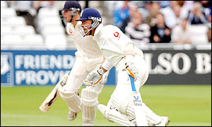 England batsmen Alec Stewart (front) and Andrew Flintoff