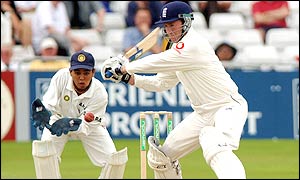 England's Craig White batting off India's Harbhajan Singh