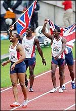 Great Britain's men's 4x100m team celebrate their victory at the European Championships