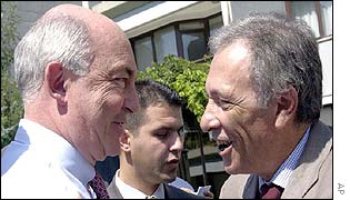 Kemal Dervis (left) and Ismail Cem, leader of newly formed political party, the New Turkey