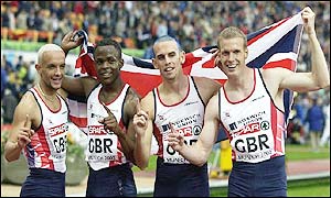 Jamie Baulch, Daniel Caines, Matt Elias and Jared Deacon celebrate winning gold in the 4x400m relay 