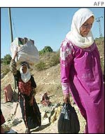 Palestinian women carry their shopping past a roadblock