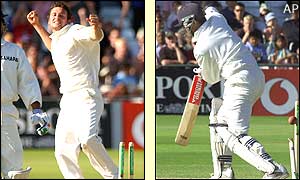 Steve Harmison (left) bowls Sourav Ganguly as the two teams agree on a draw